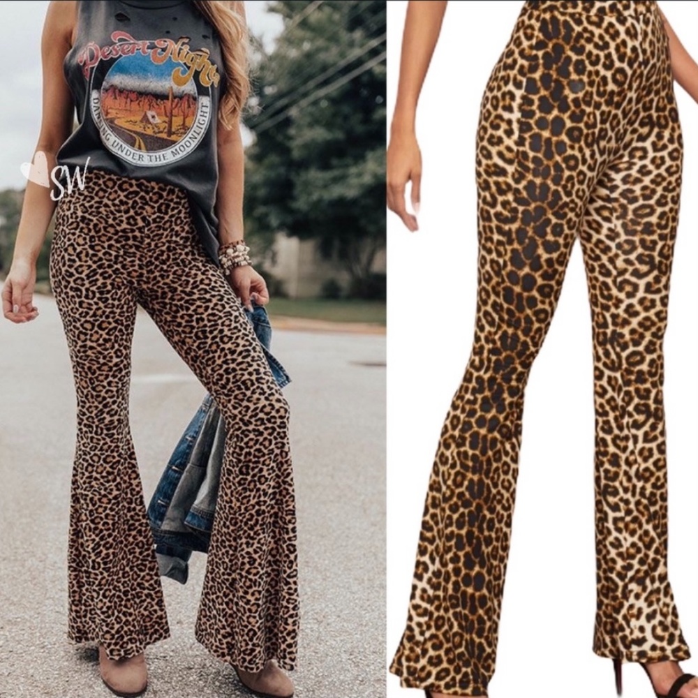 High Waisted Leopard Flare Pants‎